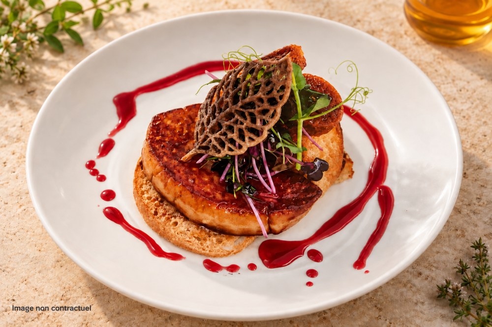 Illustration non contractuelle : Escalope de foie gras de canard poêlée au miel de maquis d’automne et sa brioche toastée