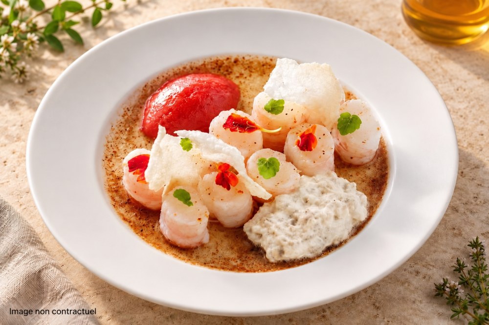 Illustration non contractuelle : La langoustine, tomate et miel de maquis d’automne